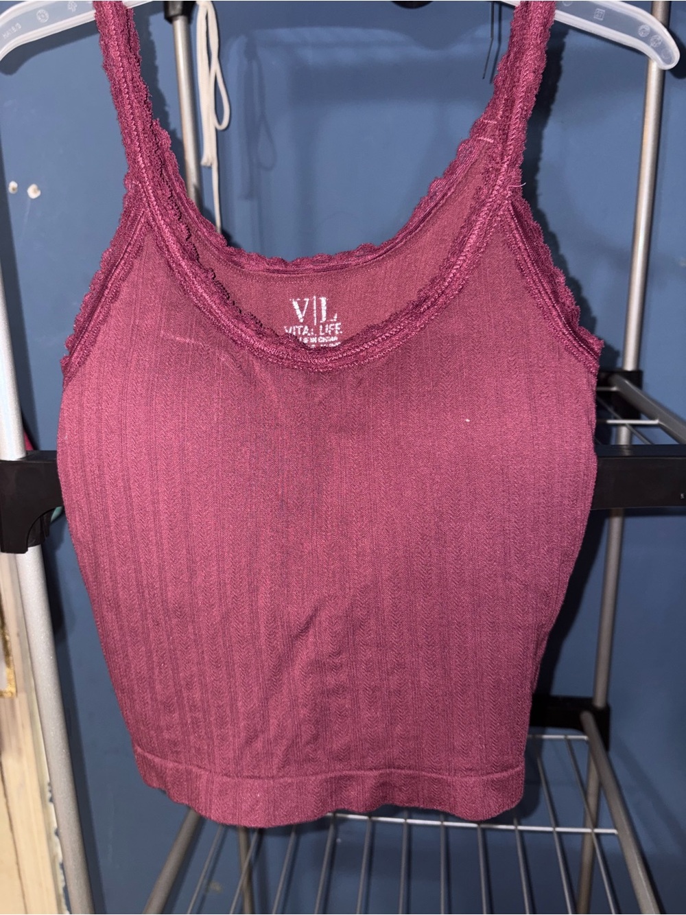VITA.LIFE Women's Ribbed Lace-Trim Camisole in Berry Plum